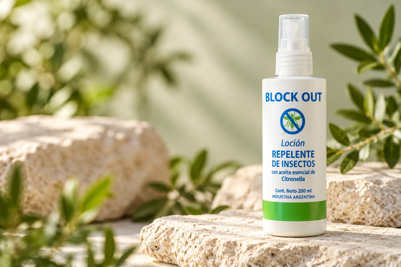 Envase de la loción repelente Block Out con citronella